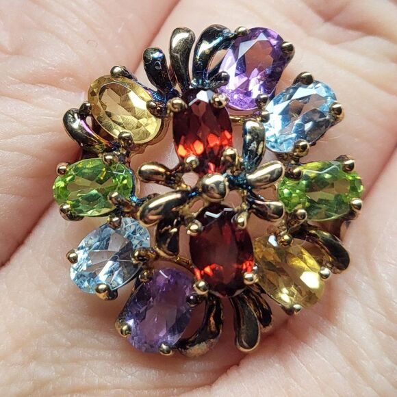 Jewelry - Vintage Multi Gemstone Vermeil Gold over Silver Cocktail Flower Ring SZ 9